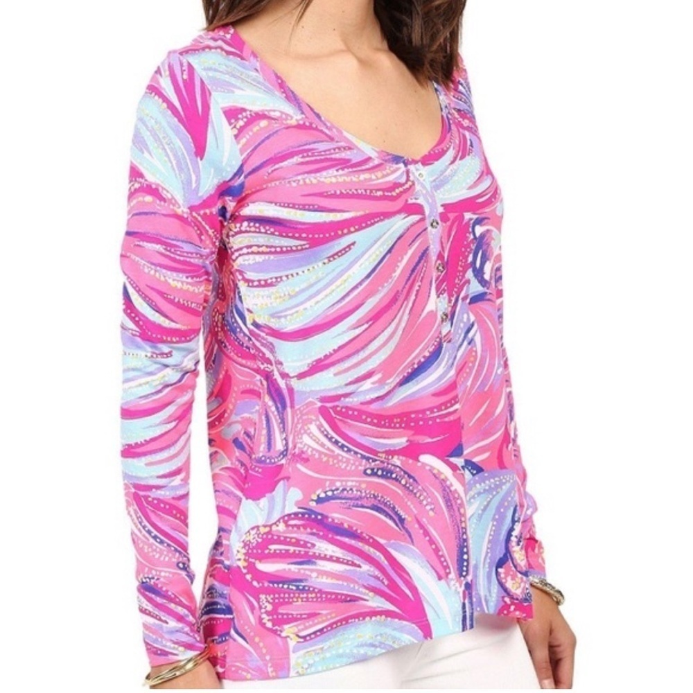 Lilly Pulitzer Sorella Henley Long Sleeve Top in the "Oh My Guava" print
